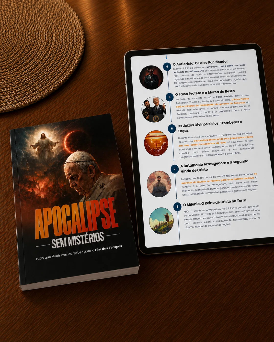 Ebook Apocalipse Sem Mistérios ao lado de um tablet mostrando seu conteúdo